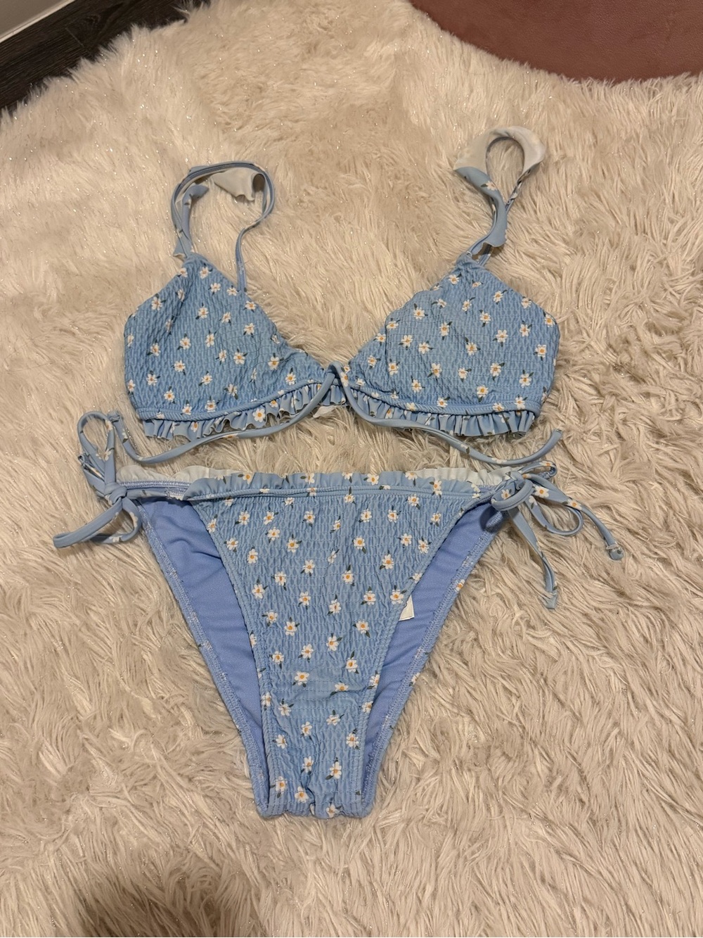 Light Blue Daisy Print Ruffled Bikini Set